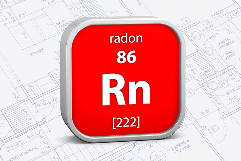 Radon material on the periodic table over an architectural plan background